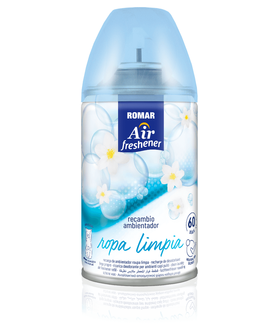 30004598-RECAMBIO-AUTOMATICO-ROPA-LIMPIA-250ML-6U-ROMAR.png Recharge Désodorisant Automatique Vêtements Propres 335 cc ROMAR - 6 ud - Image 1