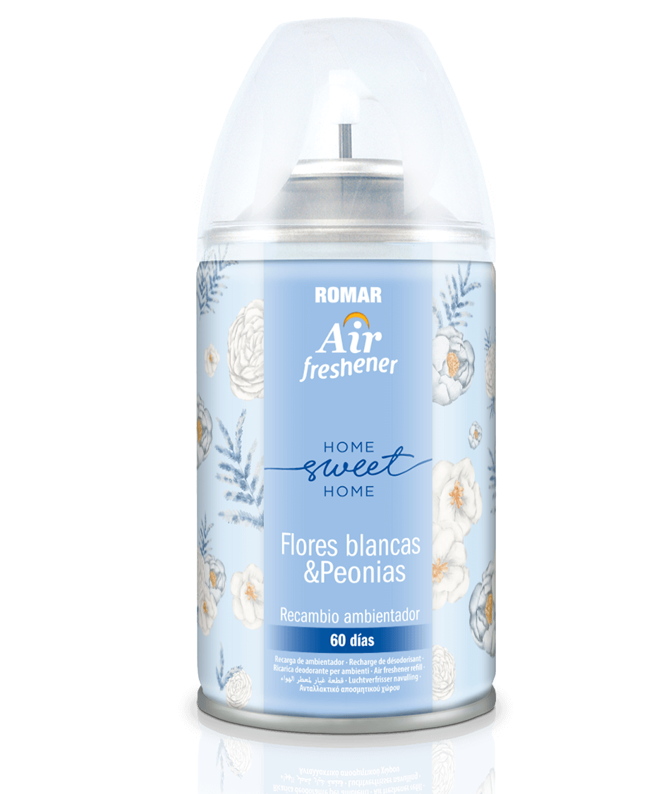 30009802-RECAMBIO-AEROSOL-AUTOMATICO-PEONIAS-FLORES-BLANCAS-335CC-250ML-AIR-FRESHENER-1.png Recharge Désodorisant Automatique Fleurs blanches & Pivoines 335 cc ROMAR - 6 ud - Image 1