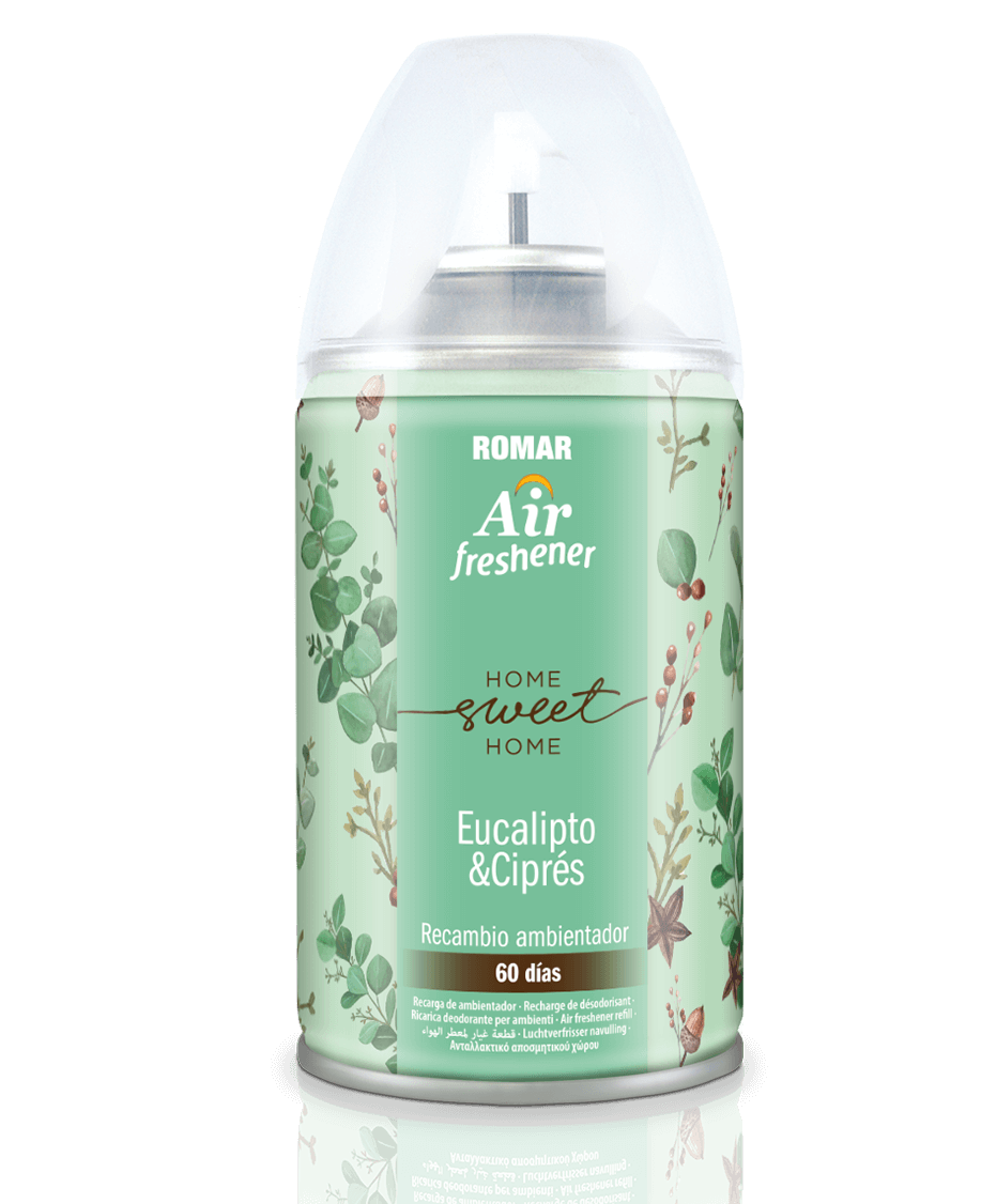 30009805-RECAMBIO-AEROSOL-AUTOMATICO-EUCALIPTO-CIPRESO-335CC-250ML-AIR-FRESHENER-1.png Recharge Désodorisant Automatique Eucalyptus & Cyprès 335 cc ROMAR - 6 ud - Image 1