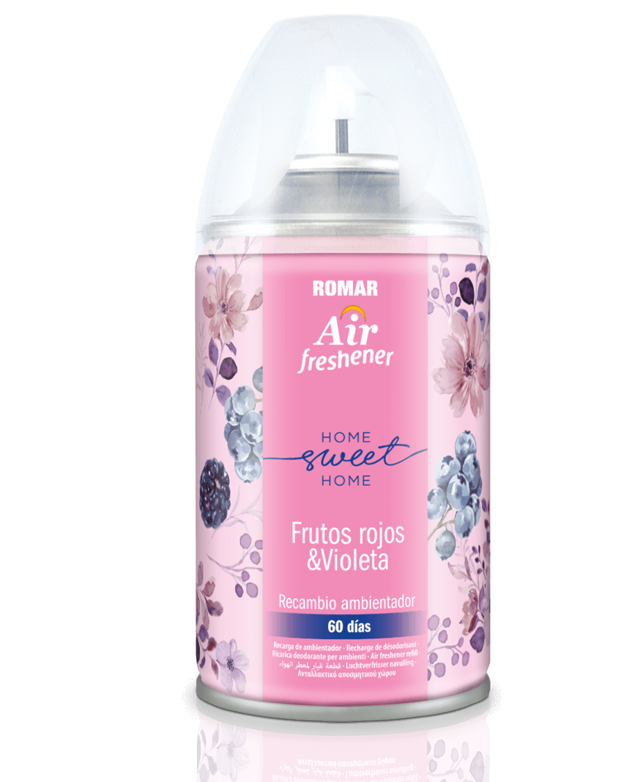 30009807-RECAMBIO-AEROSOL-AUTOMATICO-FRUTOS-ROJOS-VIOLETA-335CC-250ML-AIR-FRESHENER-1.png Recharge Désodorisant Automatique Fruits rouges & Violette 335 cc ROMAR - 6 ud - Image 1